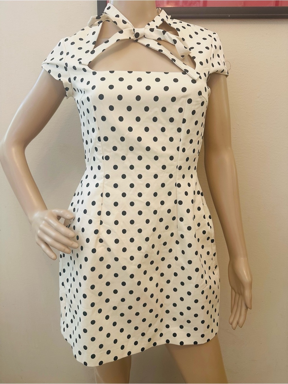 Zara White Mini Dress with Black Polka Dots and Tie-Neck Cutout